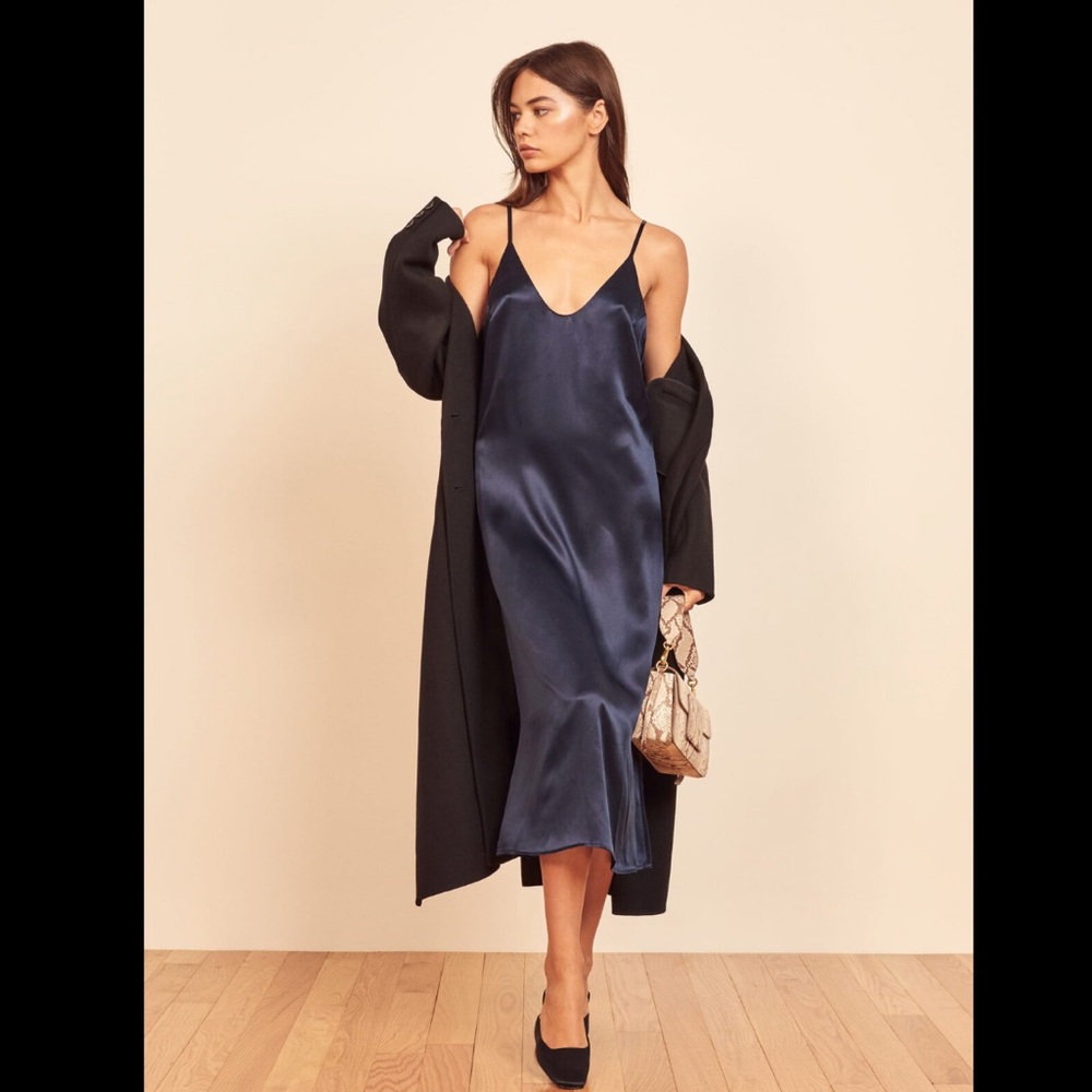 Reformation Midnight Blue Satin Midi Dress